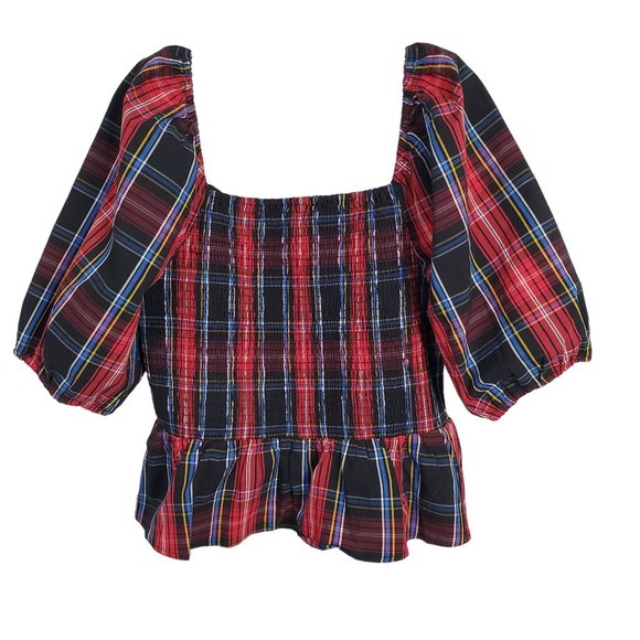 Draper James Tops - Draper James RSVP XL Blouse Plaid Smocked Puff Elbow Sleeve Peplum Square Neck